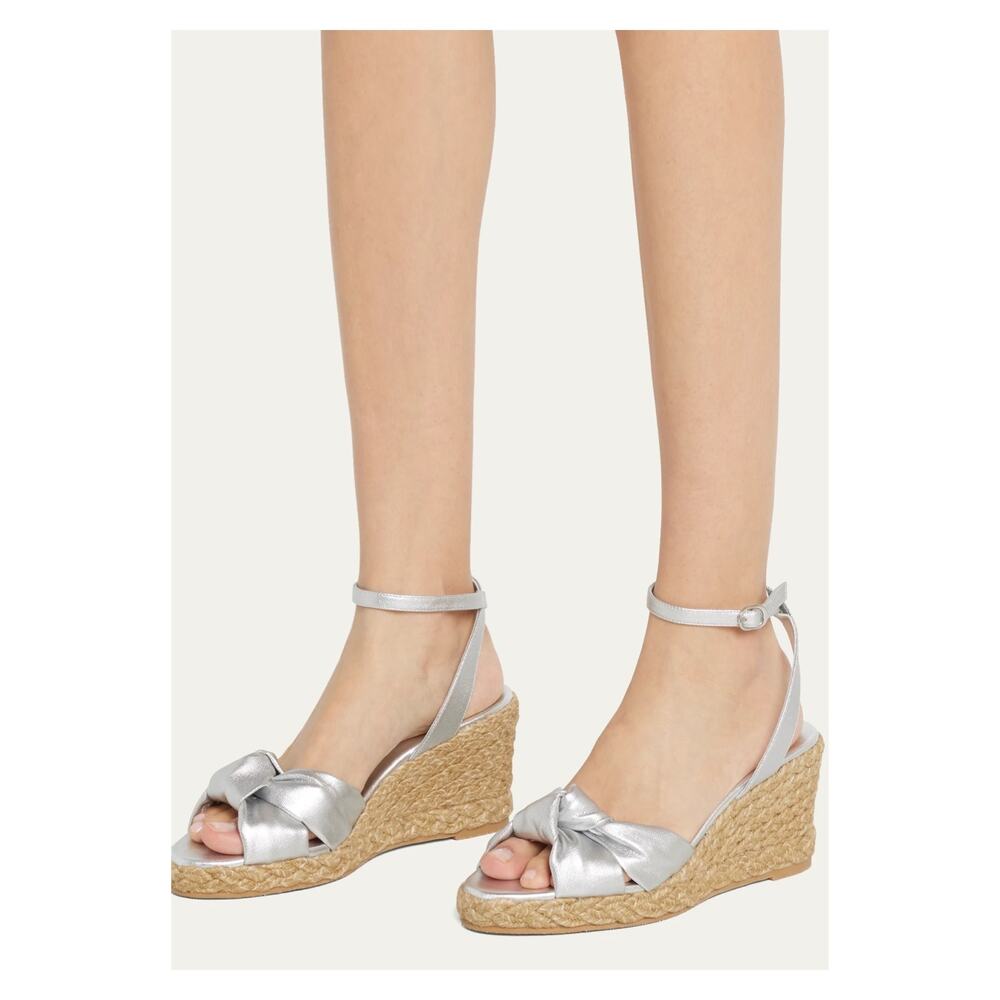 Stuart Weitzman Playa Silver Leather  Espadrille Knot Wedge Sandals Size 6B